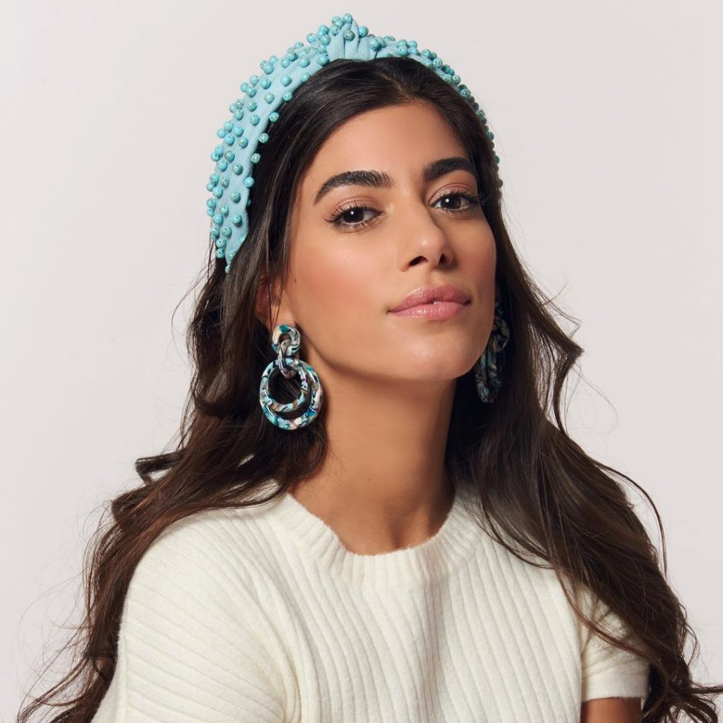 blue earrings and headband