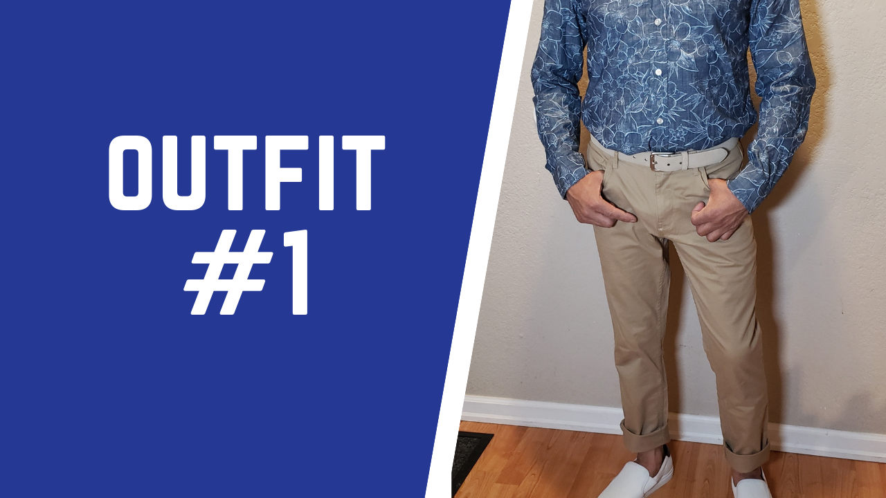 rolled up pant, monochromatic floral print chambray button up shirt, white slip on sneaker, beige denim