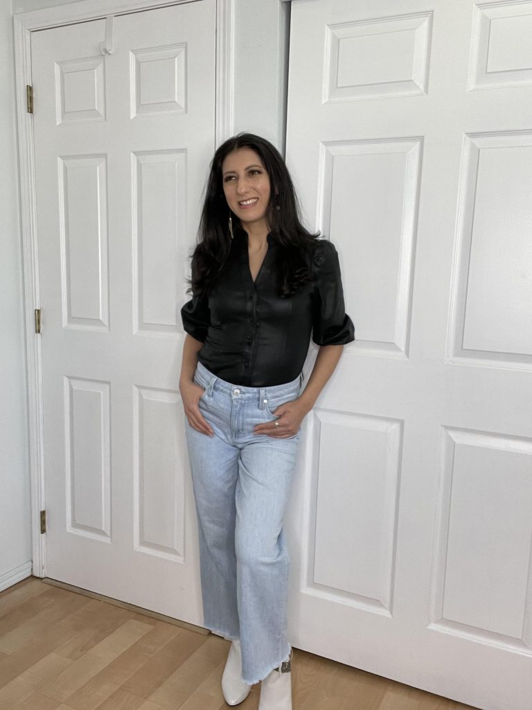 wide leg pants with faux leather top