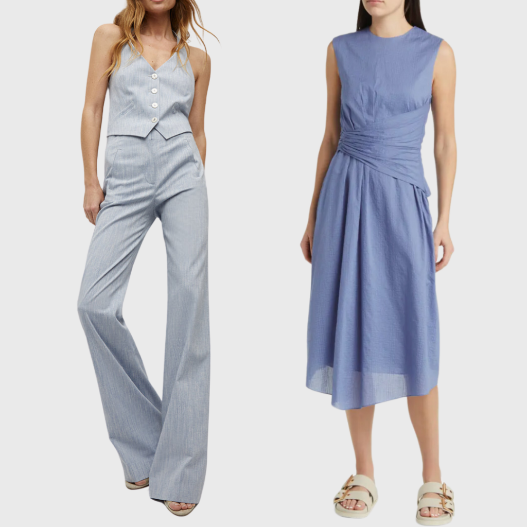Spring 2024 fashion trends. Blue Veronica Beard Pant Suit (left) and Frame Ice Blue Dress (right)