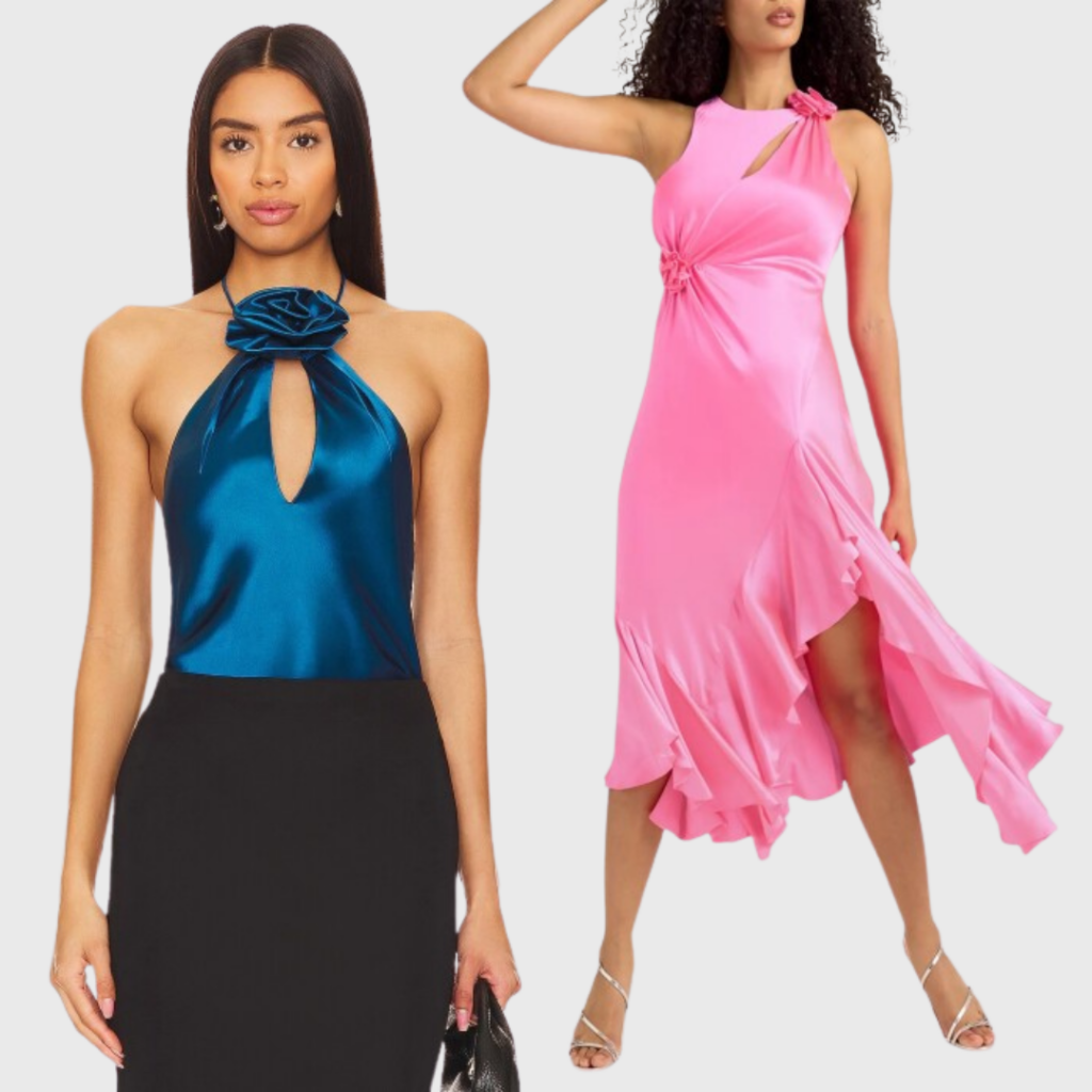 Spring 2024 fashion trends. Blue Revolve Keyhole Halter Top (left) and Pink Neiman Marcus Ruffled Silk Rosette Dressby Cinq a Sept (right)