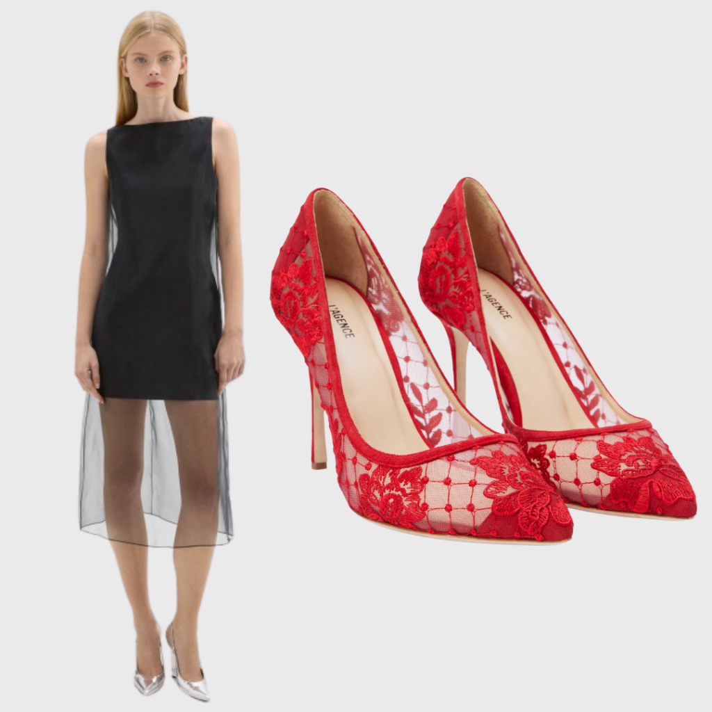 Spring 2024 fashion trends. L’agence Lace Pumps (right) and Theory black sheer dress (left)