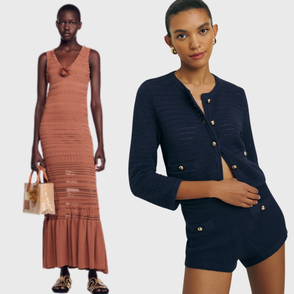 Spring 2024 fashion trends. Spring kits. Sandro Knit Summer Dress (left) and Reformation Cotton Cardigan (right)