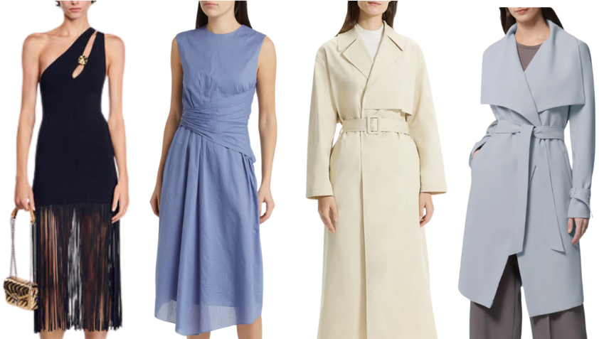 Spring 2024 fashion trends. From left to right: Sandro Fringe Dress, Frame Ice Blue Dress, Beige Theory Trench, Blue Soia + Kyo Trench